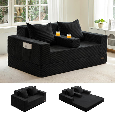 MAXYOYO Loveseat Sofa Bed, 4 in 1 Foldable Floor Sofa Couch in A Box with 2 Cup Holders, Convertible Boneless Couch Folding Recliner Sleeper Chair for Living Room, No Assembly Required, Black MAXYOYO