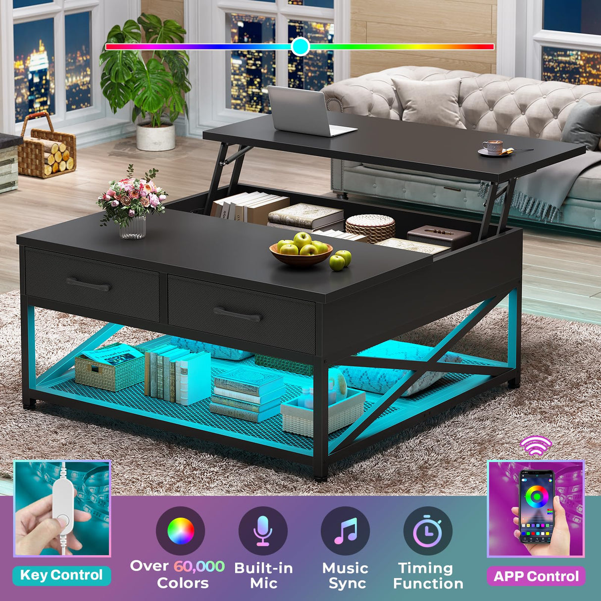 Itaar 31.5" Lift Top Coffee Table with Storage, Square Coffee Tables for Living Room, Coffee Table with 2 Fabric Drawers & Large Storage Shelvs, Black Itaar