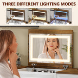 FOMNEY Multifunctional Vanity Desk with Mirror, LED Lights, USB Ports, Power Outlets, and Ample Storage – Stylish Makeup Dresser for Your Bedroom FOMNEY