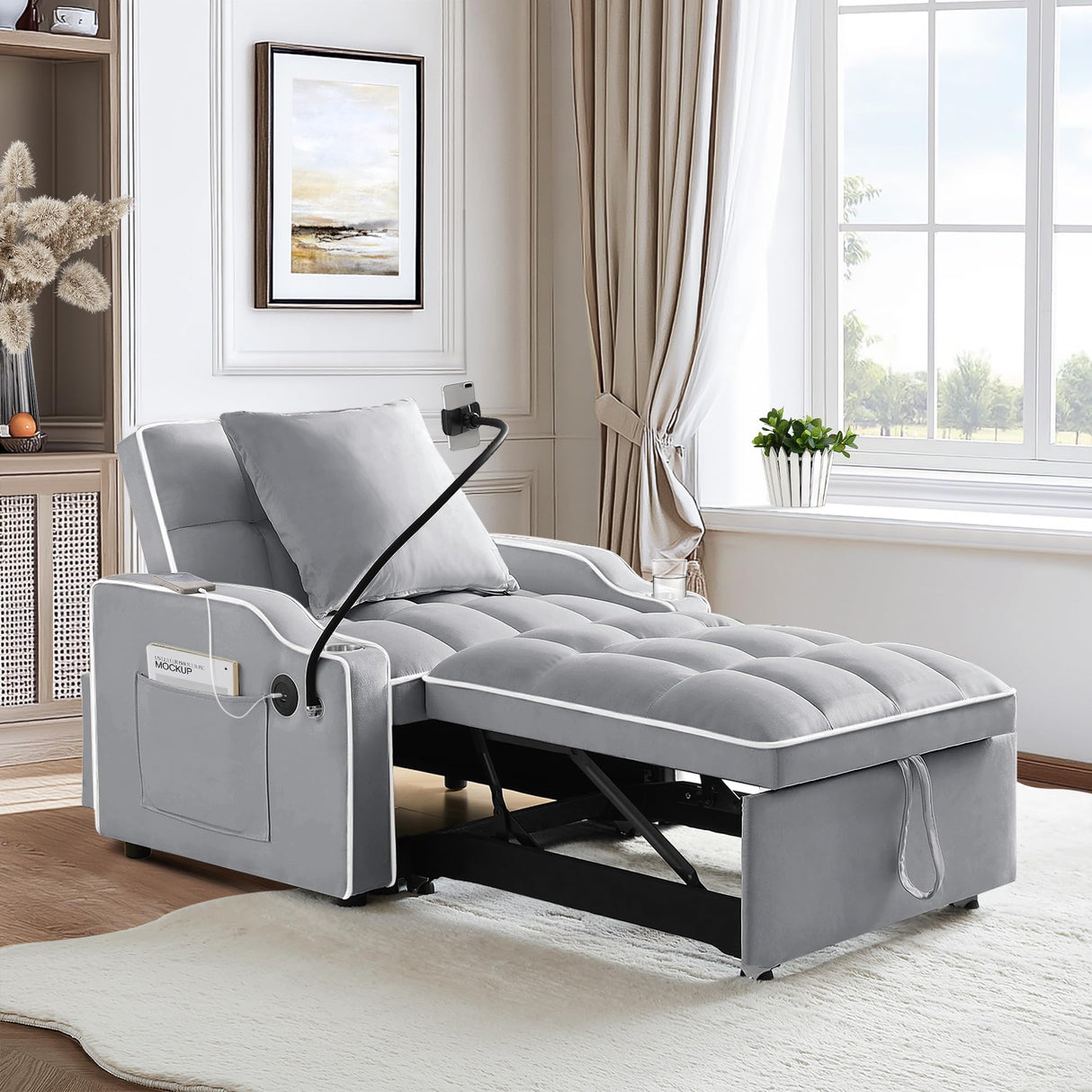 SLEERWAY 3-in-1 Convertible Futon Sofa Bed Chair, Multi-Functional Sleeper Chair Bed with Pull Out Couch and Adjustable Backrest, Modern Velvet Chaise Lounge Armchair for Living Room Bedroom, Grey SLEERWAY