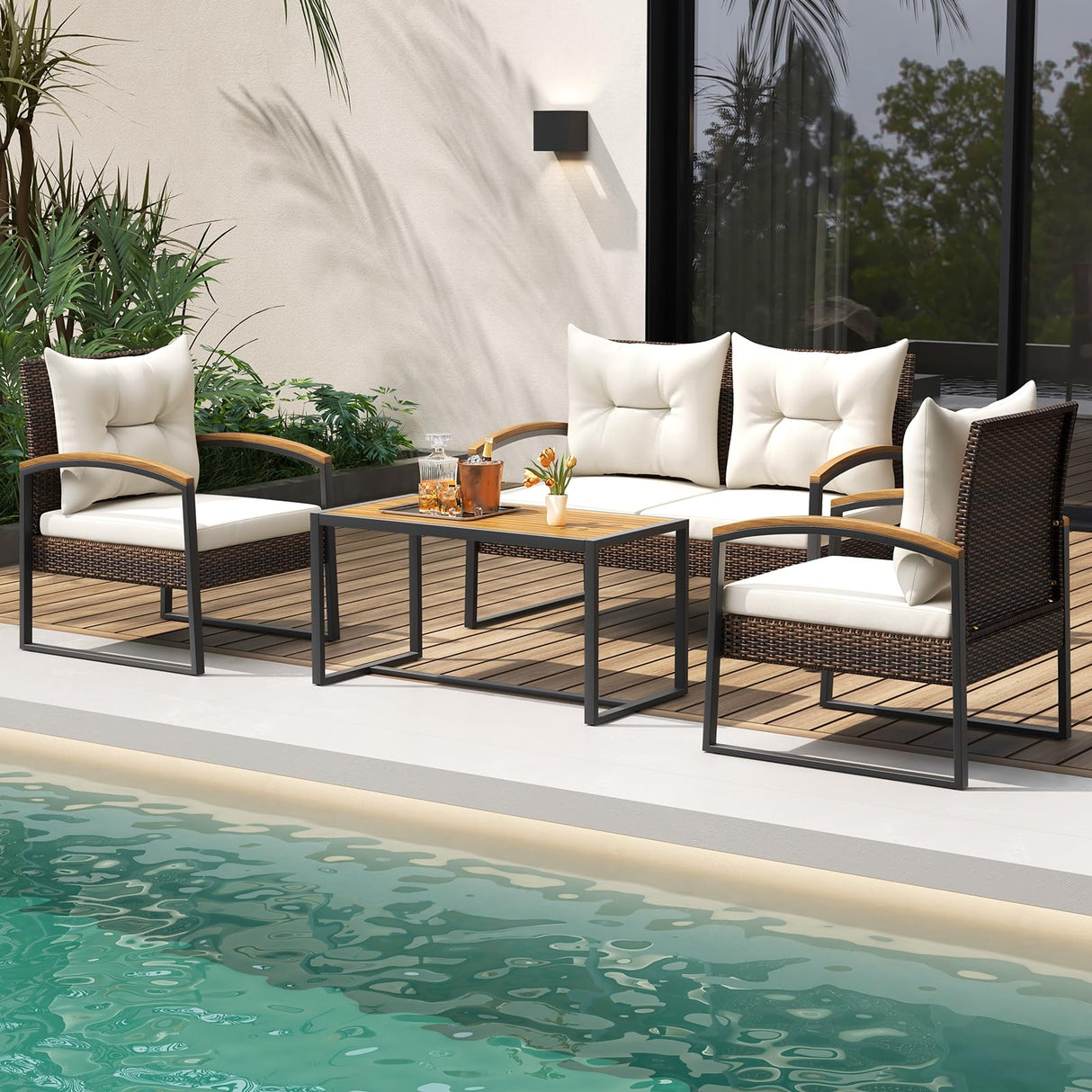 Tangkula 4 Piece Patio Conversation Set, with Heavy Duty Solid Acacia Wood Armrests & Tabletop, Outdoor Cushioned Wicker Furniture Set for Backyard, Poolside, Lawn, Blacony (1, Off White) Tangkula