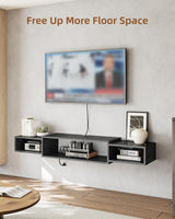 Vicodabo 55" Wall Mounted TV Cabinet with Power Outlet, Floating Wood Media Console for Audio, Video, Game Console, Modern Entertainment Center for Living Room & Bedroom, Black Vicodabo