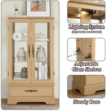 nifoti 47" H Lighted Curio Cabinet Display Case, Glass Cabinets with Adjustable Shelves,Tempered Glass Door and Drawer, Wooden Curio Cabinet with Mirrored Back Pane for Living Room (Light Oak) nifoti
