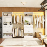 Unikito Closet Systems, 6-14FT Walk in Closet Organizer with 8 Drawers and Mirror, 168" Large Wood Closets Insert with Tower, Sturdy Wardrobe Closets Garment Rack with Extendable Hanging Rods, White Unikito