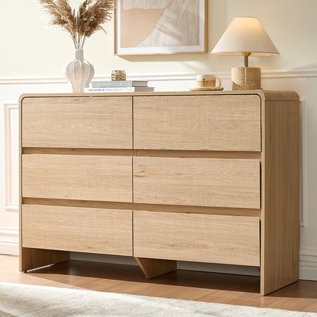 AMERLIFE 6 Drawer Dresser for Bedroom, 49" Wide Modern Chest of Storage Drawers with Rounded Corners, Anti-Tip Kit, Wood Cabinet Organizer for Closet, Living Room, Nursery, Easy Assembly, Light Oak AMERLIFE