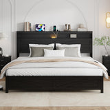 PAUKIN King Size Bed Frame with Headboard, Rustic Farmhouse Wood Bed Frame with LED Lights and Charging Station, Easy Assembly, No Box Spring Needed (Black, King) PAUKIN