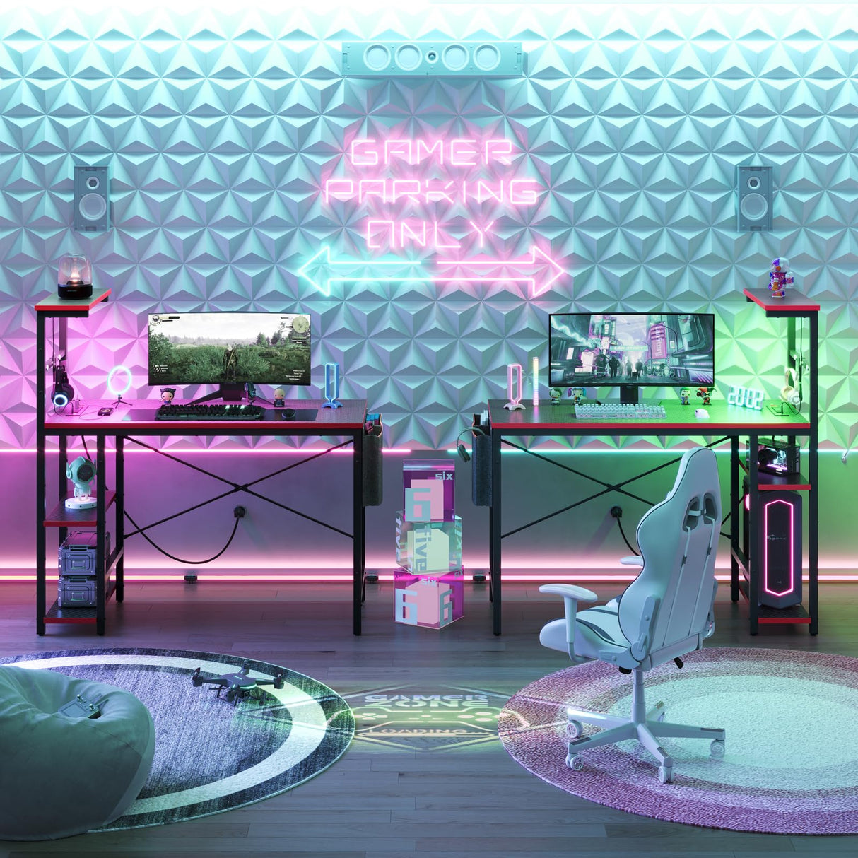 Bestier Gaming Desk with Power Outlets, 44 Inch Led Gamer Desk with 4 Tiers Reversible Shelves, PC Gaming Table with Headset Hook & Side Storage Bag for Bedroom (Black 3D Carbon Fiber) Bestier