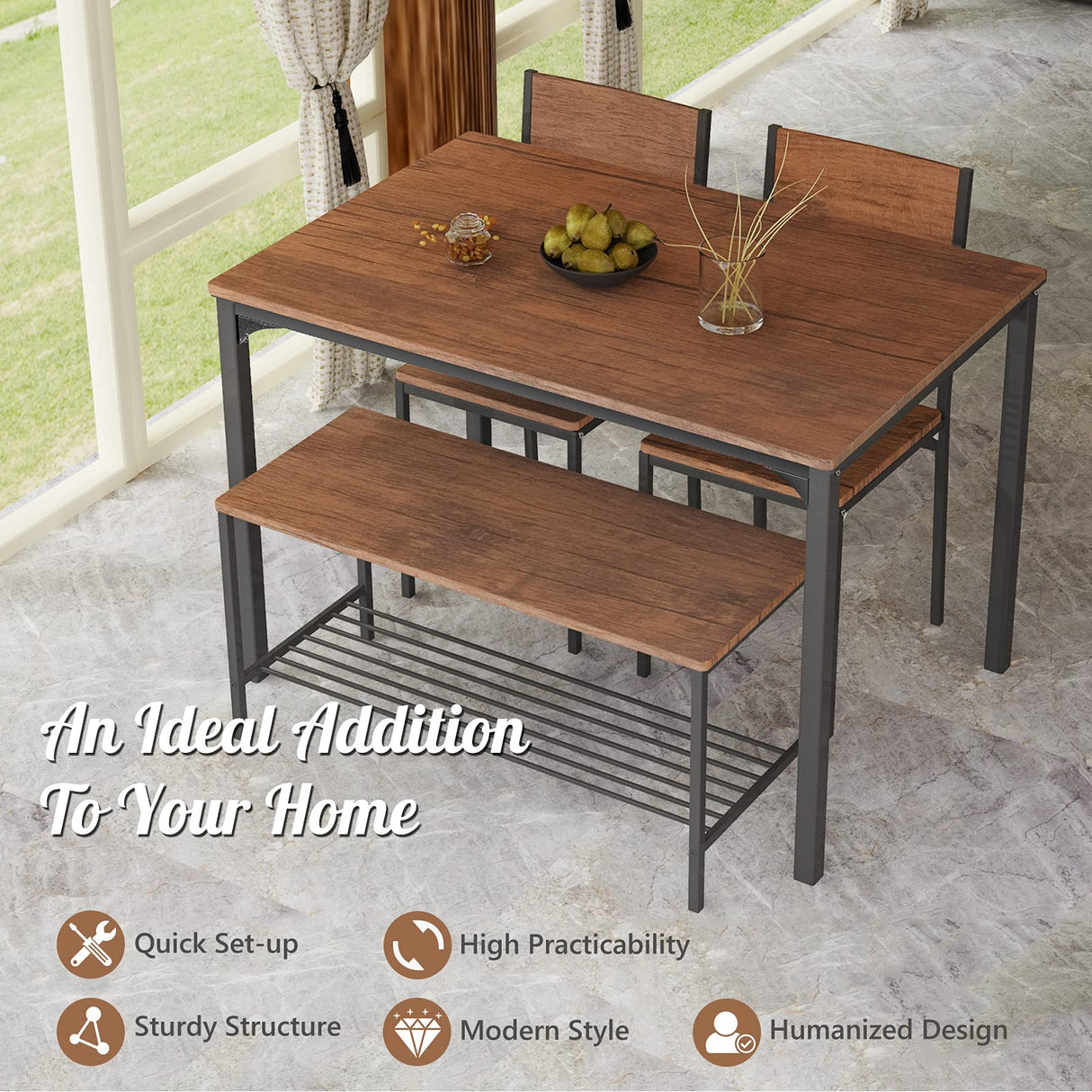 Giantex Dining Table Set for 4, 43" Kitchen Table and Chairs, Dining Bench with Metal Frame & Storage Rack, 4-Piece Modern Functional Desk Set for Dinette, Small Space, Apartment, Restaurant, Brown Giantex