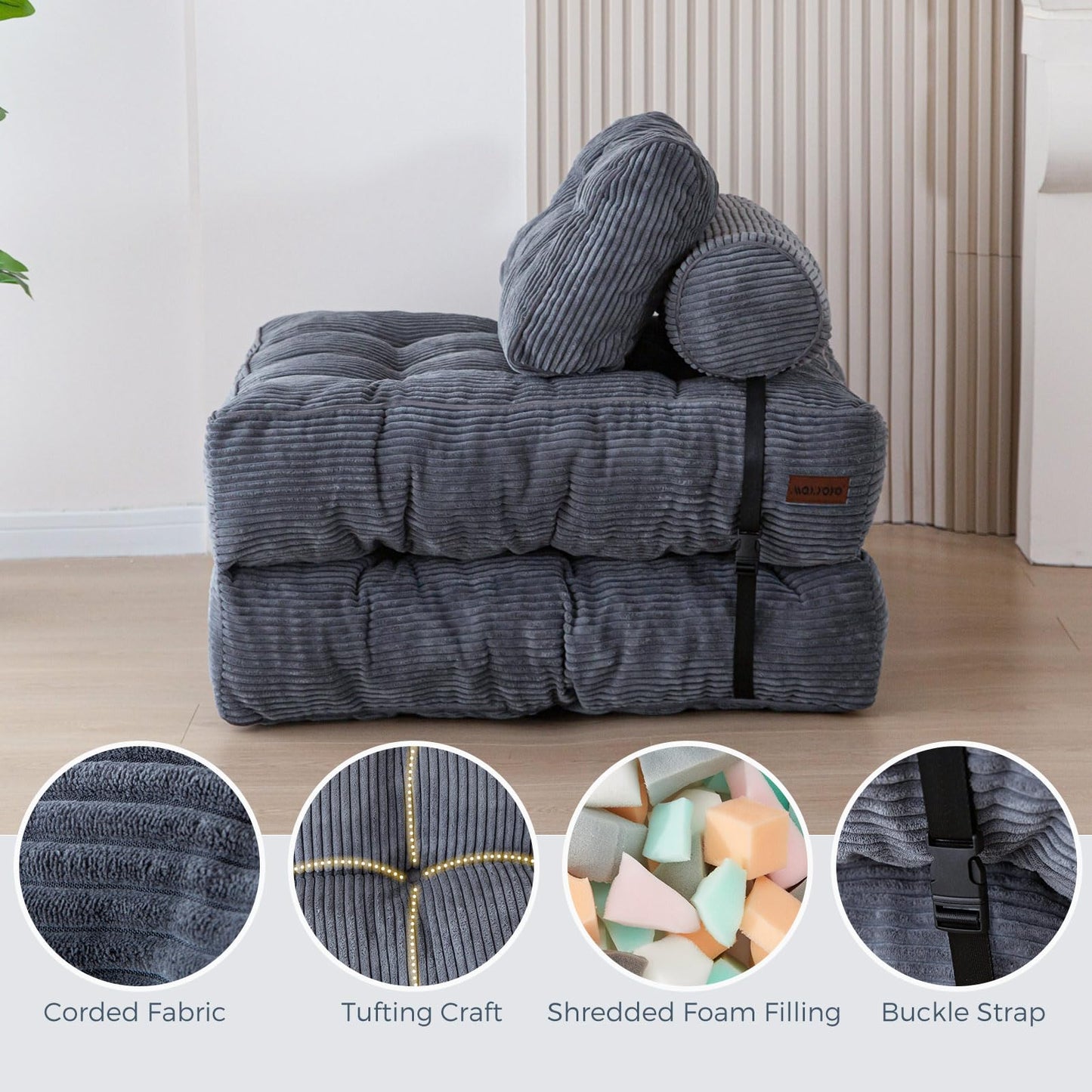 MAXYOYO Folding Sofa Bed, Convertible Sleeper Chair with Pillow Foldable Mattress with Back Support, Portable Fold Out Chair Bed Comfy Floor Sofa Lounge for Living Room Bedroom, Dark Grey, Single