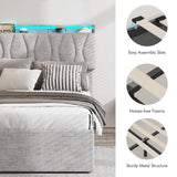Twin Size Lift Up Storage Bed Frame with Adjustable Headboard, Charging Station, LED Lights, Wood Slats, Noise-Free, No Box Spring Needed, Light Grey Fameill