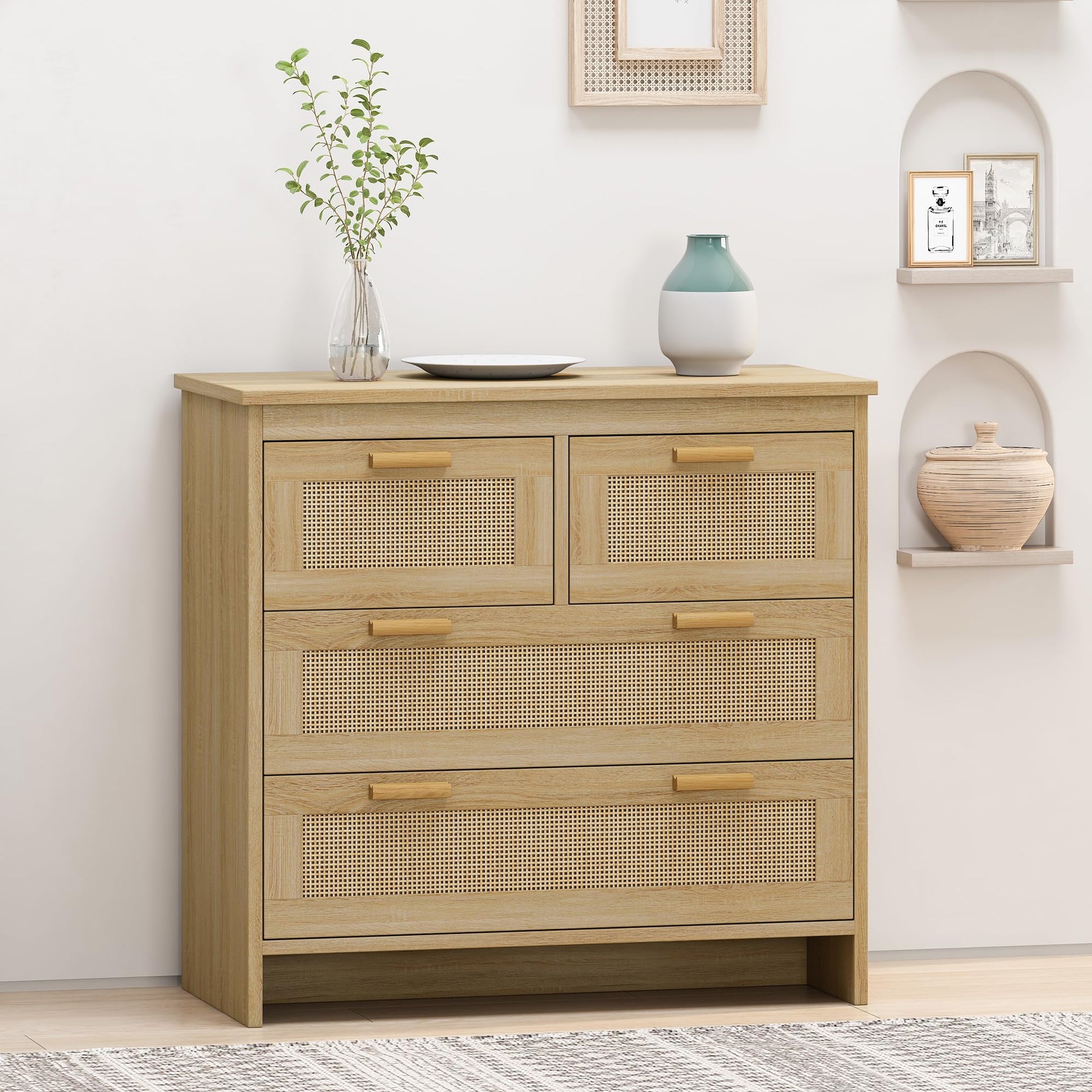 ROCKINGRUN Rattan Dresser for Bedroom, 4 Chests of Drawers, Natural Wood Boho Dresser with Wooden Handles and Legs, Spacious Storage Modern Wicker Dresser for Living Room Hallway (Natural) - WoodArtSupply