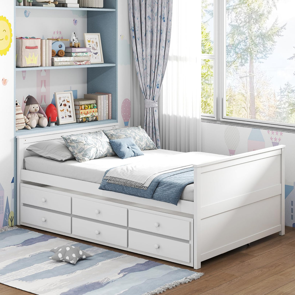 Giantex Full Size Bed Frame with Twin Trundle & 3 Storage Drawers, Modern Platform Bed with Headboard & Footboard, Wooden Slats Support Captain Bed for Teens Adults, No Box Spring Needed, White Giantex