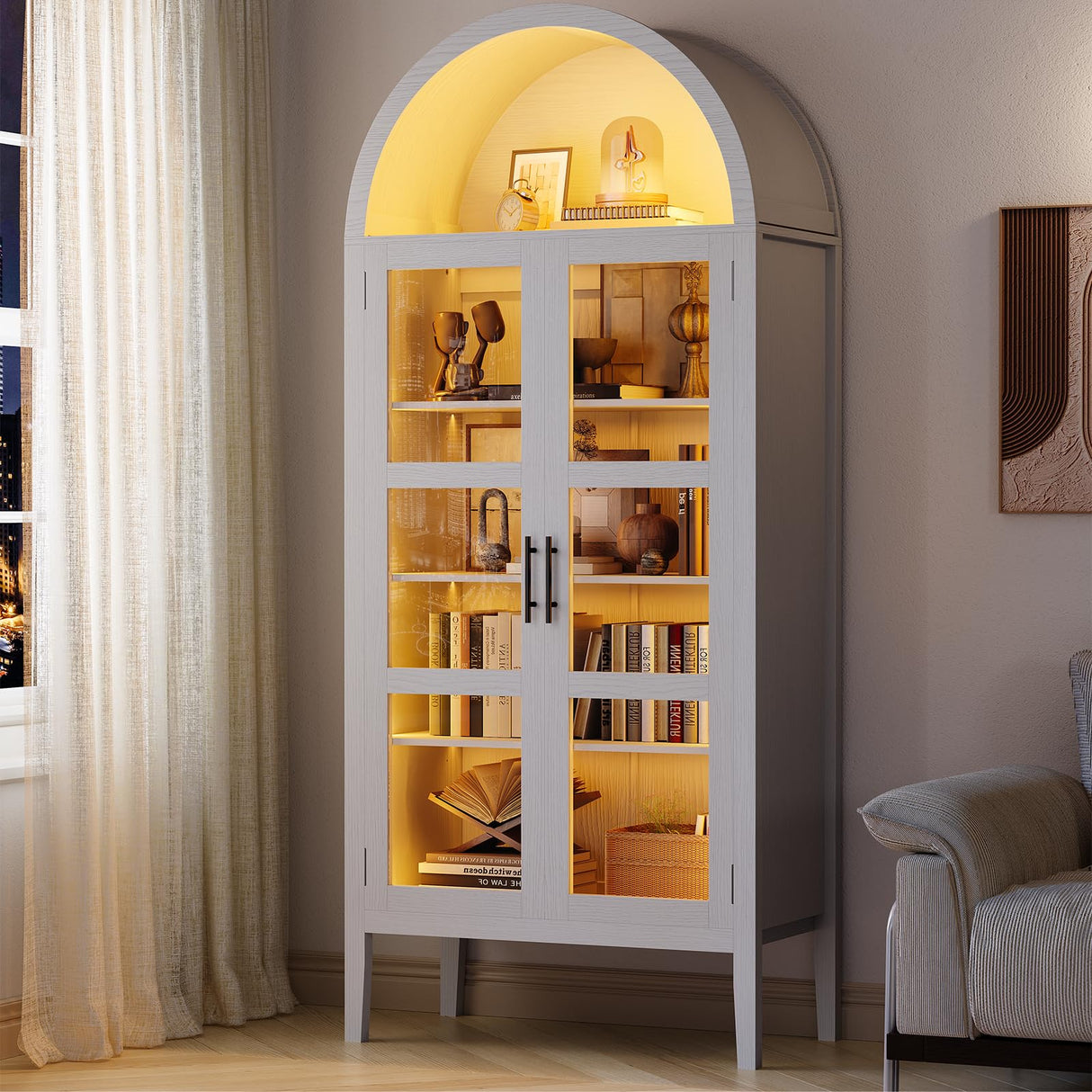 GarveeHome 70" Tall Arched Kitchen Pantry Cabinet with LED Lights, Modern Wood Arched Bookshelf with Glass Doors & Adjustable Shelves, Elegant Display Cabinet for Kitchen, Dining Room, Living Room GarveeHome