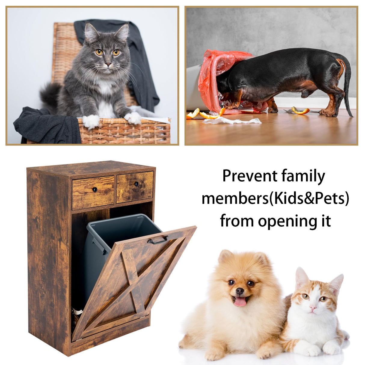 Zedesey 13 Gallon Tilt Out Trash Cabinet with 2 Drawers Wood Hidden Kitchen Recycling Cabinet Free Standing Pet Proof Trash Can Laundry Cabinet for Kitchen (Rustic Brown) Zedesey