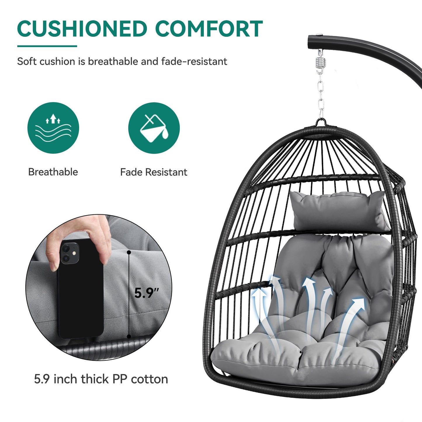 YITAHOME Hanging Egg Swing Chair with Stand Egg Chair Wicker Indoor Outdoor Hammock Egg Chair with Cushions 330lbs for Patio, Bedroom, Garden and Balcony, Dark Gray(Stand Included) - WoodArtSupply