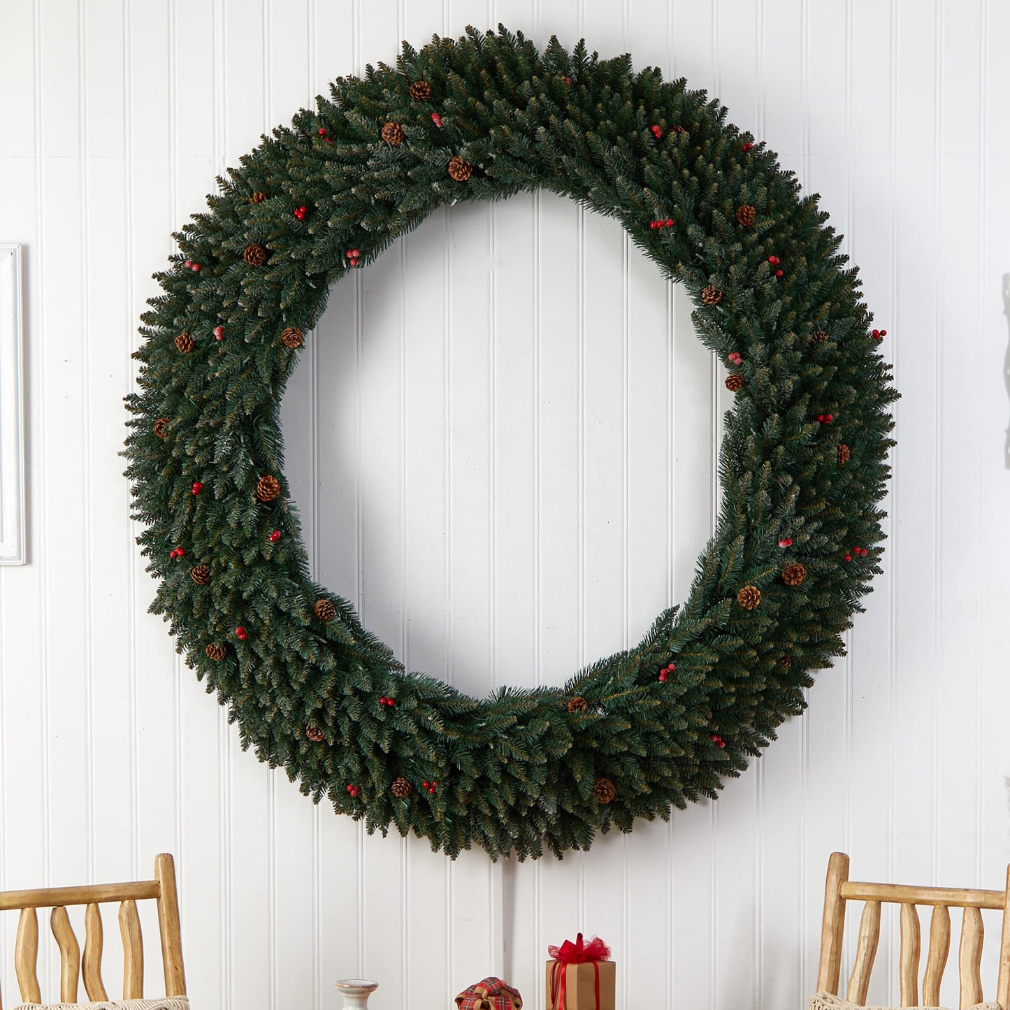 Nearly Natural 6ft. Large Flocked Artificial Christmas Wreath with Pinecones, Berries, 600 Clear LED Lights and 1080 Bendable Branches