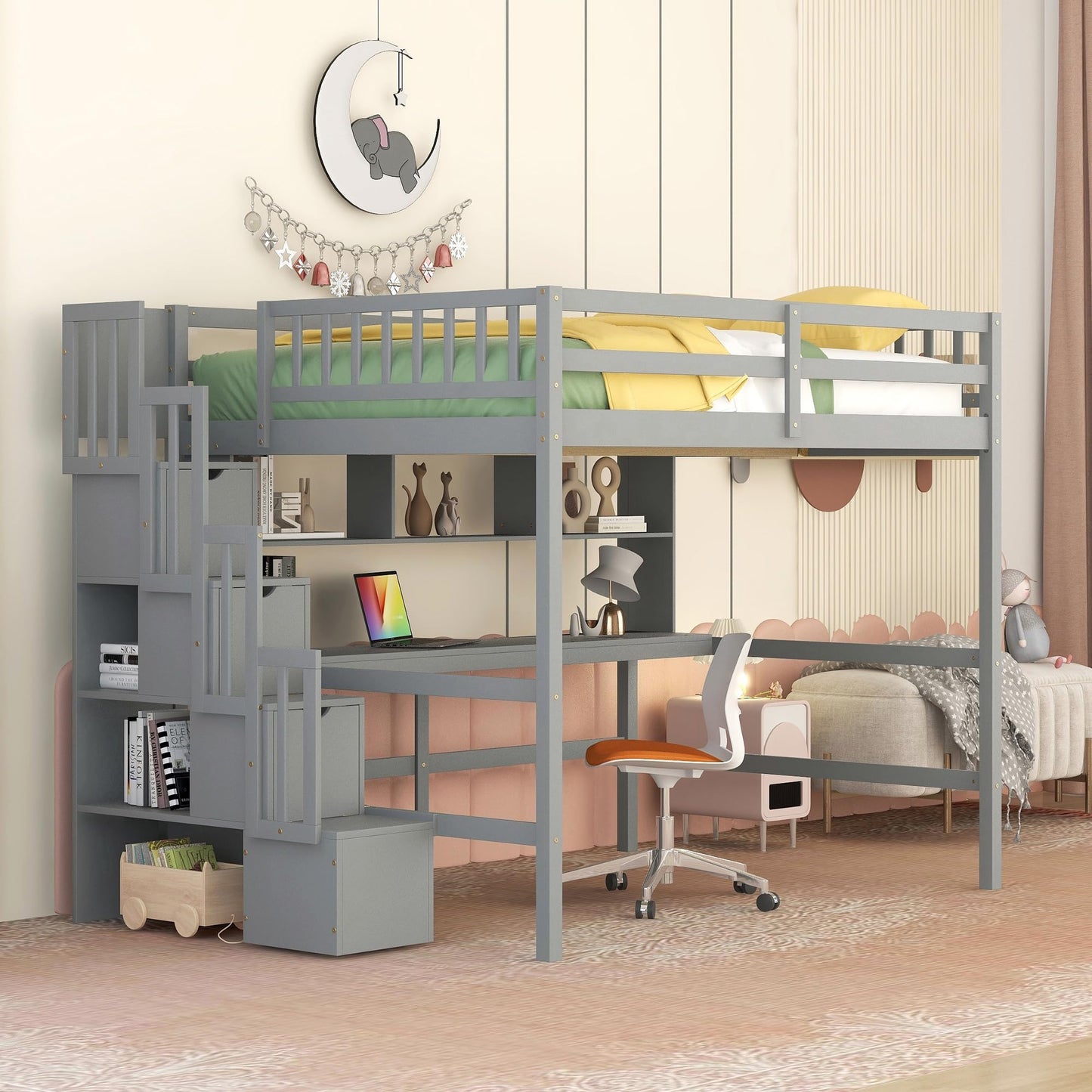 CITYLIGHT Grey Full Size Loft Bed with Stairs, Desk, and Storage Solutions for Kids and Teens - WoodArtSupply