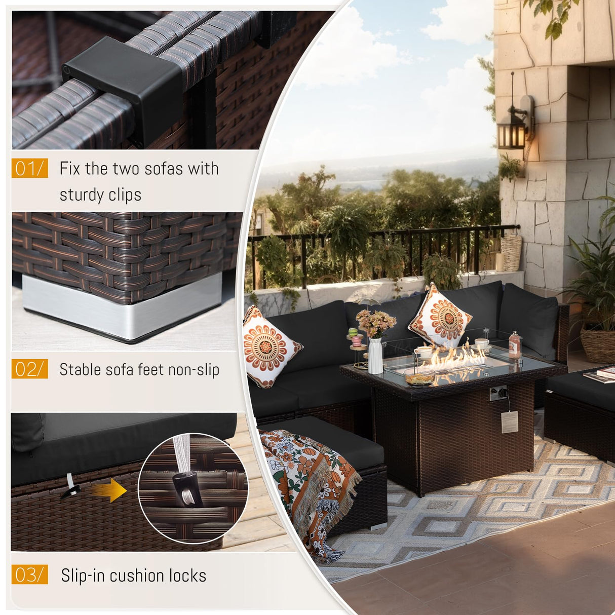 BULEXYARD 9 Piece Highback Patio Furniture Set with Fire Pit Table, Modern Modular Outdoor Sectional Couch Sofa with Ottoman, 8-Person Backyard Seating for Outside, Deck, Brown Wicker & Black Cushion BULEXYARD