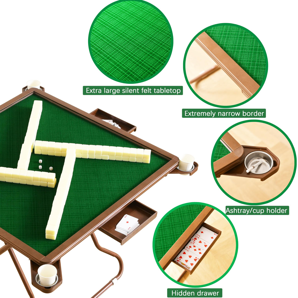 MJTABLE 4 Player Card Mahjong Table, Portable Folding Table,with 4 Cup Holders & 4 Chip Grooves Foldable Game Puzzle Table Both Indoor & Outdoor Use,for Table Games MJTABLE