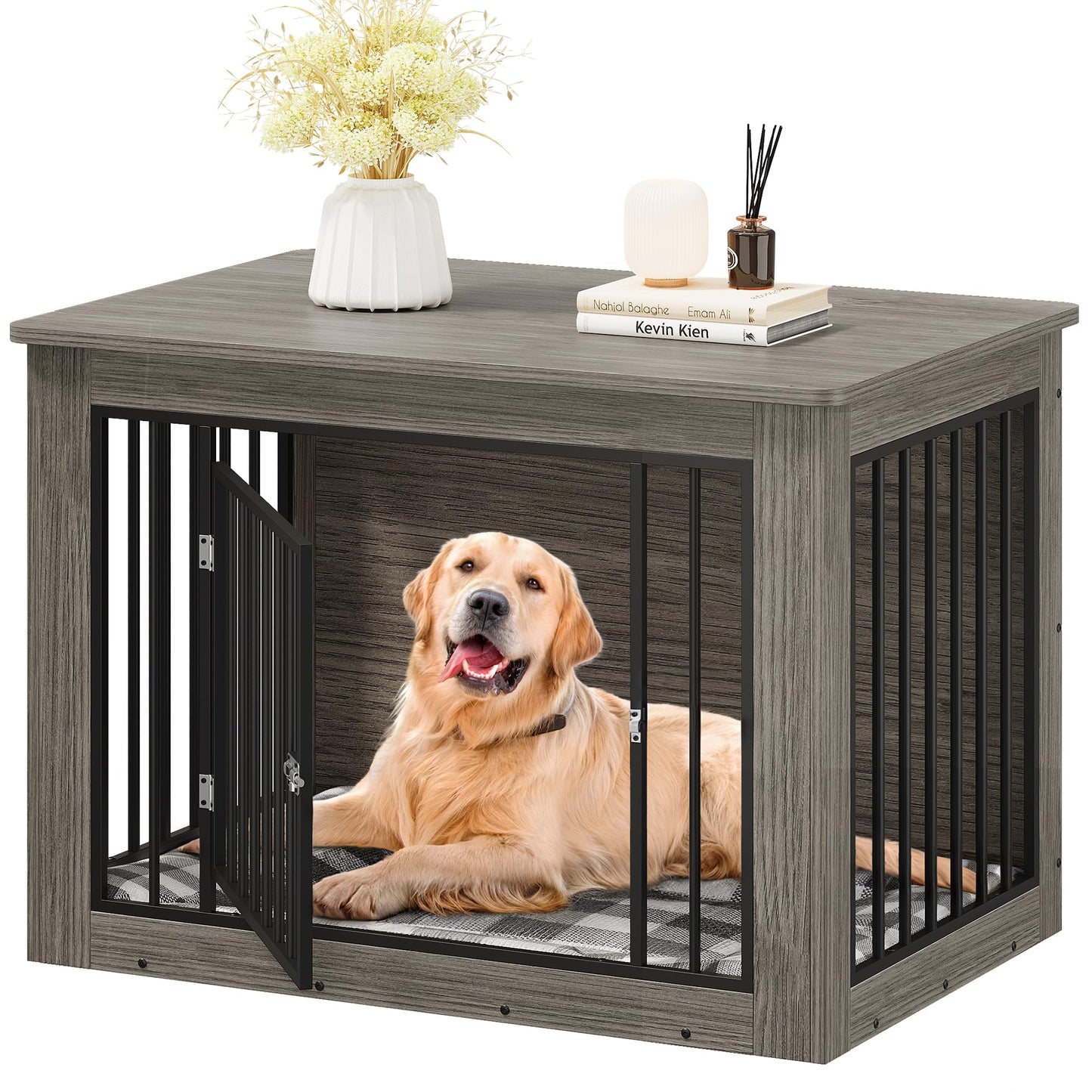 YITAHOME Dog Crate Furniture for Large Dogs, Side End Table, Modern Dogs Kennel Indoor up to 80 lb, 2-in-1 Iron-Wood Fusion Dog Cage with Waterproof Top, Safety Corners, Steel Lock,43" L,Greige