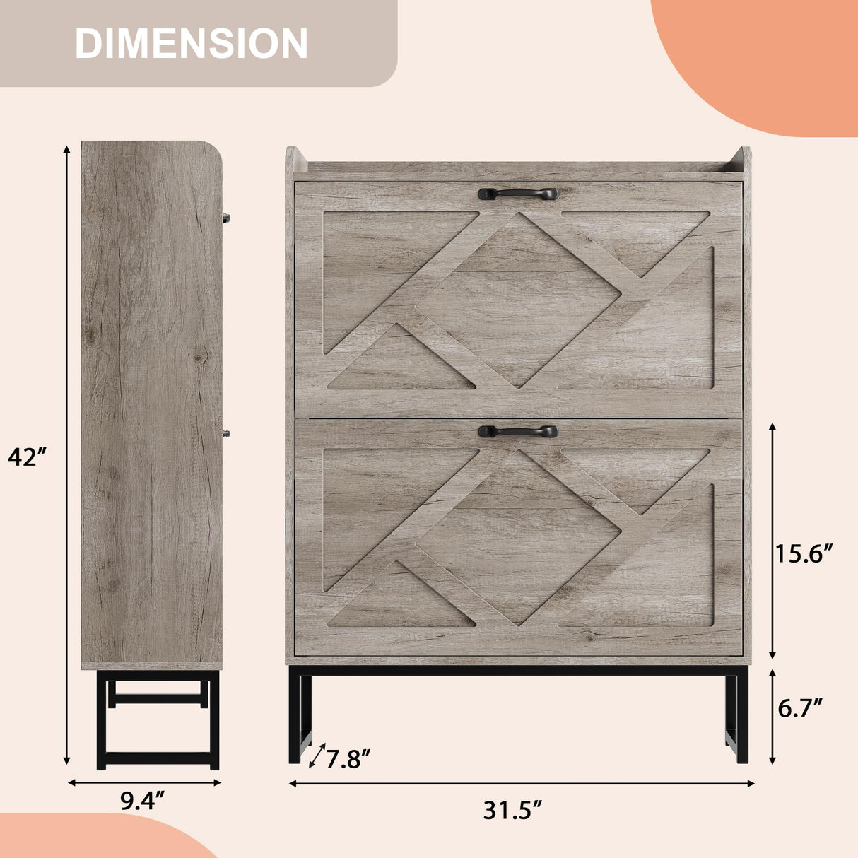 Nicetree Shoe Storage Cabinet with 2 Flip Drawers, Freestanding Shoe Organizer, Shoe Cabinet with Metal Legs, Narrow Shoe Rack Cabinet, Farmhouse Slim Shoe Cabinet for Entryway, Hallway, Rustic Gray Nicetree