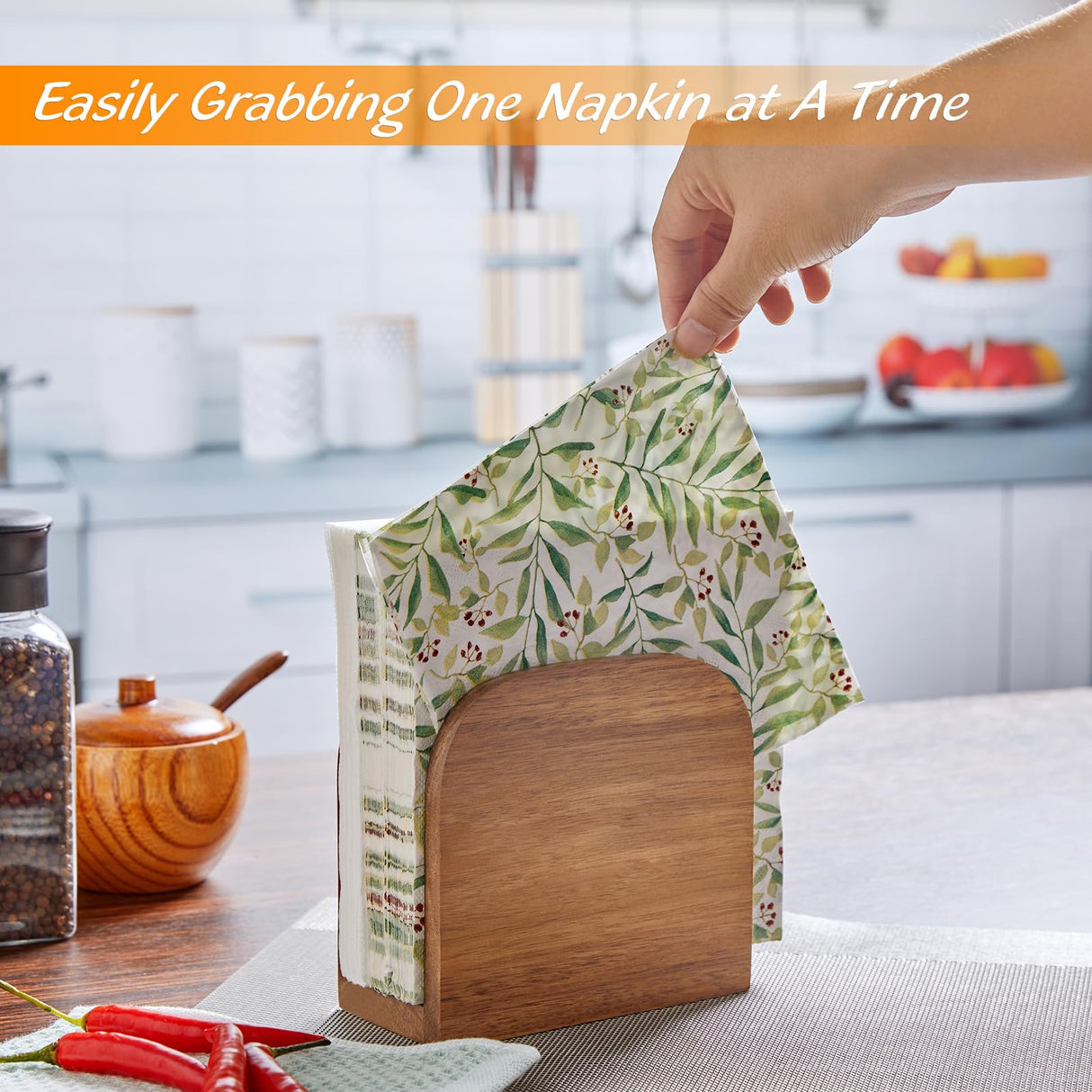 Acacia Wood Napkin Holder for Table, Wooden Upright Napkin Holders for Kitchen, Standing Napkin Dispenser for Kitchen Dining Room Party Cocktail Outdoor Use, Rustic Kitchen Table Decor ALELION