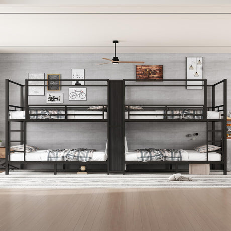 TCMILA Full Over Full Quadruple Bunk Bed for 4 Boys, Girls, Adults, Heavy-Duty Metal Bed Frame with Storage Shelves and Wardrobe, Space Saving, No Box Spring Needed, Black TCMILA