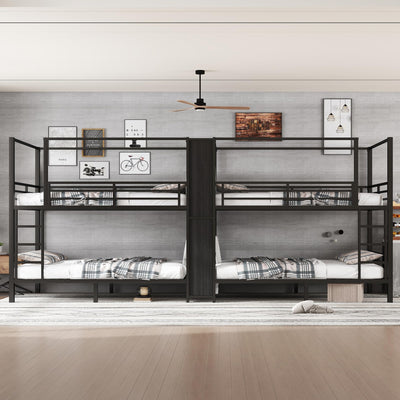 TCMILA Full Over Full Quadruple Bunk Bed for 4 Boys, Girls, Adults, Heavy-Duty Metal Bed Frame with Storage Shelves and Wardrobe, Space Saving, No Box Spring Needed, Black