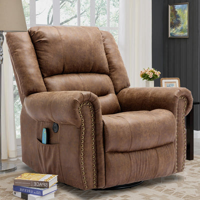 VIVIJASON Massage Swivel Rocker Recliner Chair with Heat & Vibration, 360° Swivel Manual Glider Rocking Reclining Chair with Remote Control, Side Pockets & USB Ports for Living Room, Nut Brown