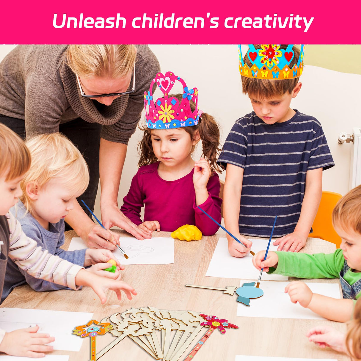RGISHOP 24 Pack Princess Fairy Wands and Crowns Kit Unfinished Wooden Princess Wands Felt Crown Tiara Headbands Make Your Own Magical Wand Crafts for Kids Classroom Activities RGISHOP