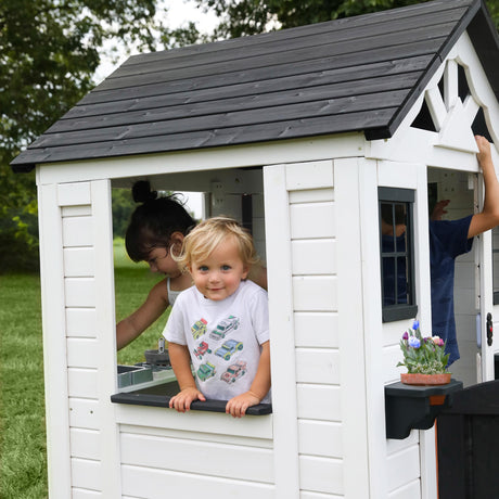 Backyard Discovery Sweetwater All Cedar White Modern Outdoor Wooden Playhouse, Cottage, Sink, Stove, Windows, Kitchen with Pot and Pans and Utensils, Flowerpot Holders, Working Doorbell, Ages 2-6 Backyard Discovery