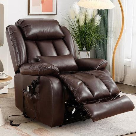 EDILLY Large Genuine Leather Power Lift Recliner Chair for Elderly, Dual Motor with Massage and Heating,with Double Lumbar Cushion and Extended Footrest,USB Port and Remote(Brown) EDILLY