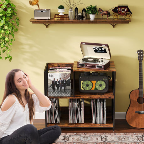 Huxitocan 3 Tier Record Player Stand Holds Up to 300 Albums with 4 Adjustable Divider for Turntable Stand, Large Vintage Record Player Table with Vinyl Record Holder Cabinet-Patent Pending Huxitocan