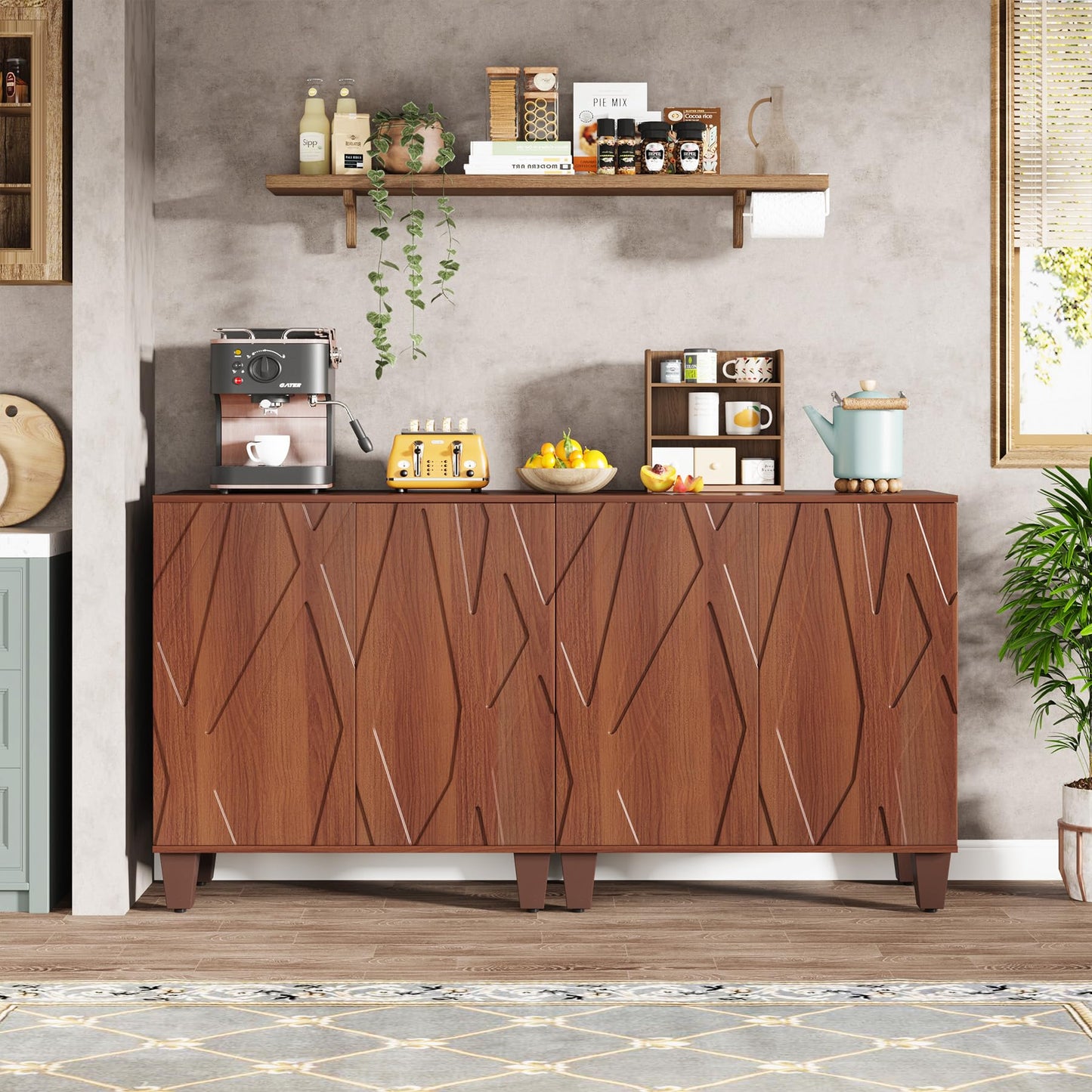 Tribesigns Sideboard Buffet Storage Cabinet Set of 2, Retro Kitchen Sideboard Cabinet with Adjustable Shelves 55" Accent Cabinet with Doors for Living Room, Walnut (Walnut) - WoodArtSupply