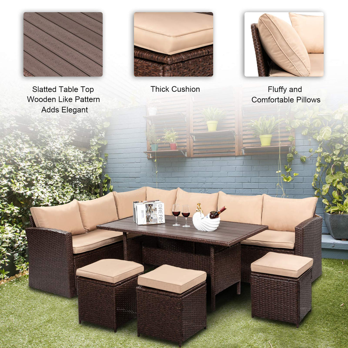VINGLI Patio Furniture Set, 8 Pieces Outdoor Furniture with Dining Table&Chair, All Weather Wicker Outdoor Sectional Sofa with Ottoman VINGLI