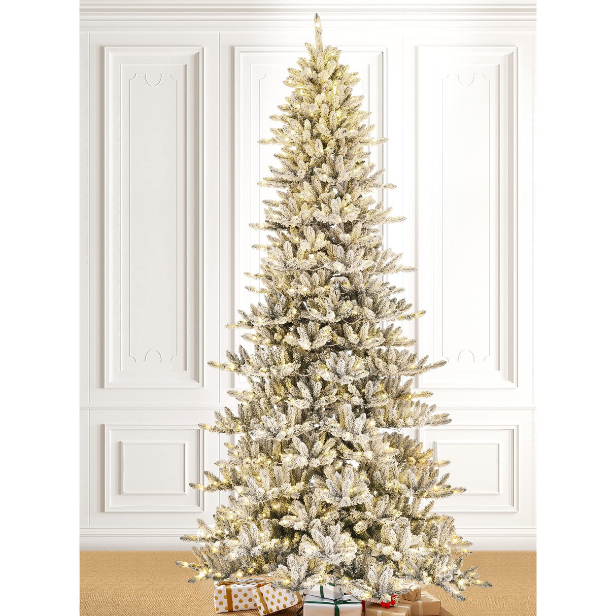 Glitzhome 11ft Pre-Lit Flocked Slim Fir Artificial Christmas Tree, Hinged Holiday Xmas Tree with 950 Warm White Lights,Metal Hinges & Base for Home, Office, Party Decoration Glitzhome