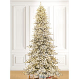 Glitzhome 11ft Pre-Lit Flocked Slim Fir Artificial Christmas Tree, Hinged Holiday Xmas Tree with 950 Warm White Lights,Metal Hinges & Base for Home, Office, Party Decoration Glitzhome