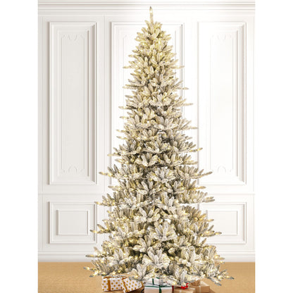 Glitzhome 11ft Pre-Lit Flocked Slim Fir Artificial Christmas Tree, Hinged Holiday Xmas Tree with 950 Warm White Lights,Metal Hinges & Base for Home, Office, Party Decoration