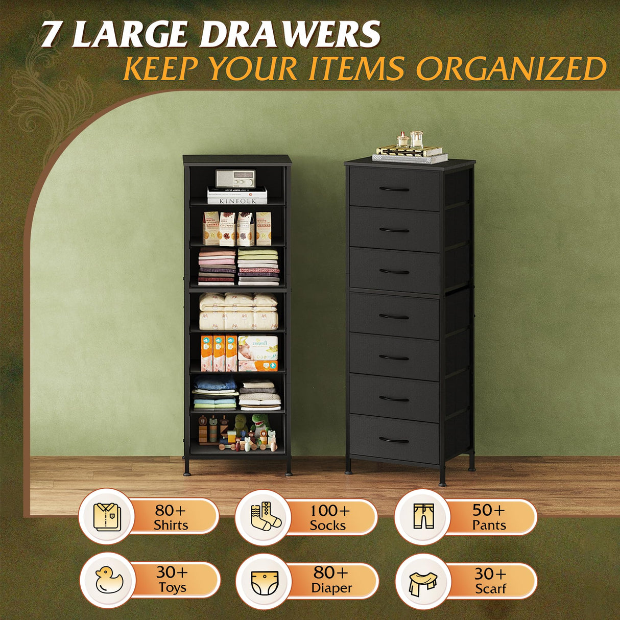 WLIVE Black Tall Dresser for Bedroom, 7 Drawer Dressers & Chests of Drawers, Fabric Dresser for Closet, Living Room, Night Stand with Metal Frame, Storage Tower with Fabric Bins, Wood Top WLIVE