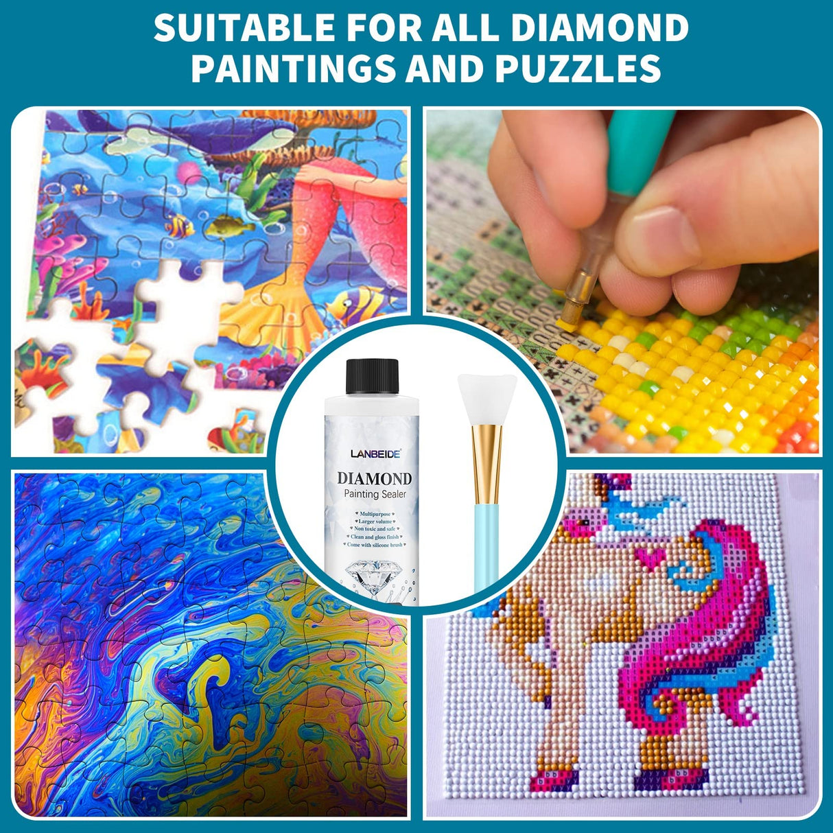 LANBEIDE Updated Diamond Painting Sealer 200ML with Silicone Brush, 5D Diamond Painting Glue Sealer Permanent Hold & Shine Effect Conserver for Jigsaw Puzzles (7 OZ) LANBEIDE
