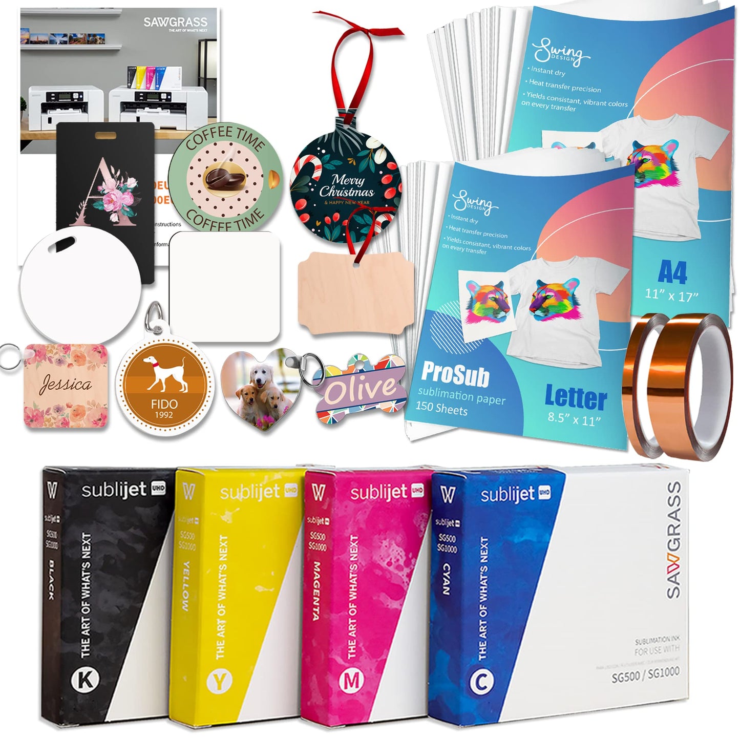 Sawgrass UHD Virtuoso SG1000 Sublimation Printer Starter Bundle with Inks, 300 Sheets of Sublimation Paper, Tape, & Blanks and Access to Exclusive Content