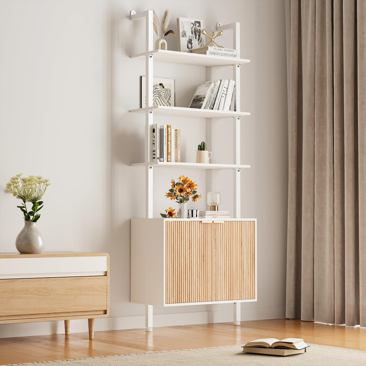 74" Tall Bookshelf with Storage Cabinet, Modern Ladder Shelf with Wood and Metal Frame, Wall Mount Bookcase Open Display Shelf Furniture for Living Room, Bedroom, Home Office, White and Oak INNOD