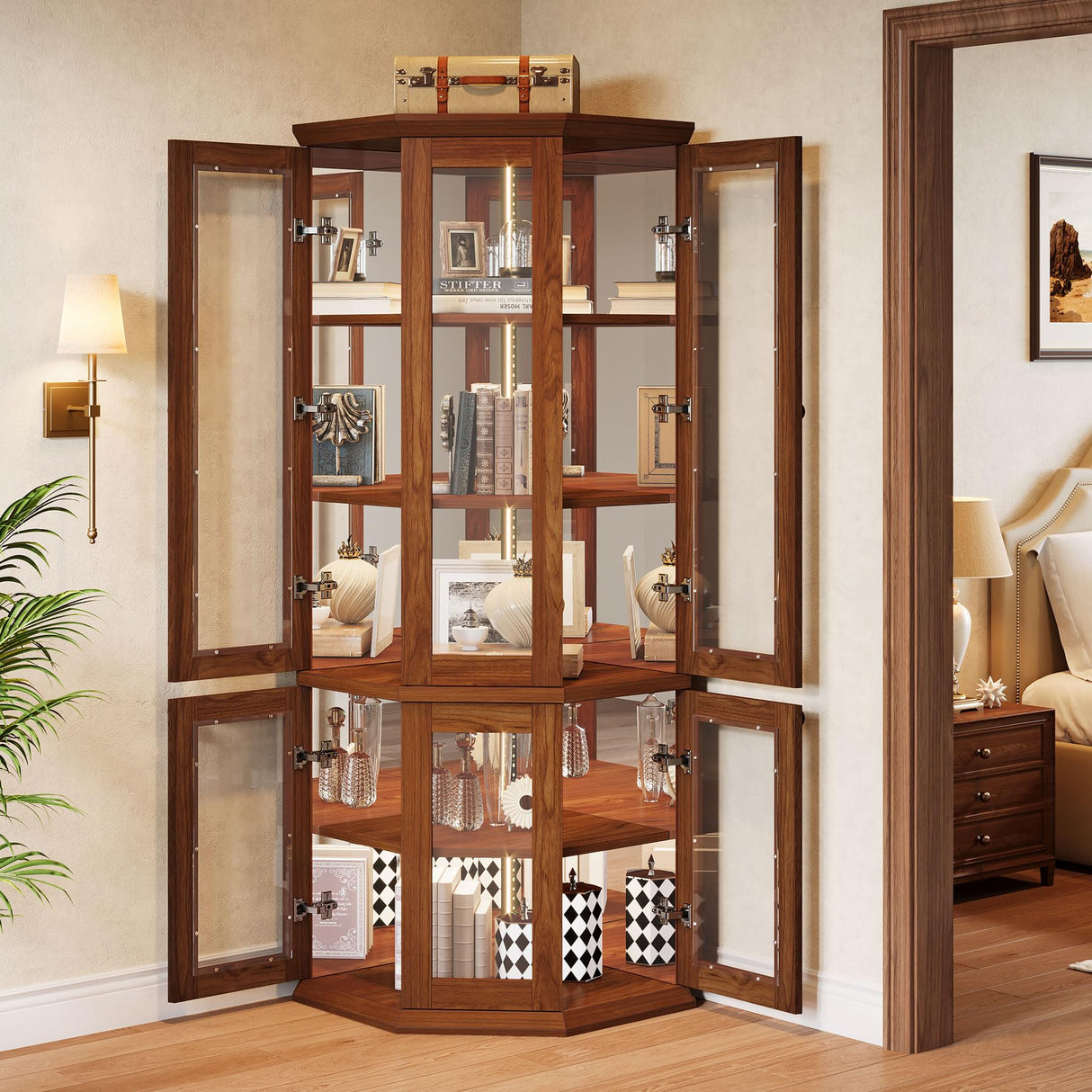 Tribesigns Corner Storage Cabinet, 71" Tall Corner Cabinet with Doors & LED Lights, 5-Tier Mid-Century Display Shelf for Living Room, Kitchen, Walnut Tribesigns