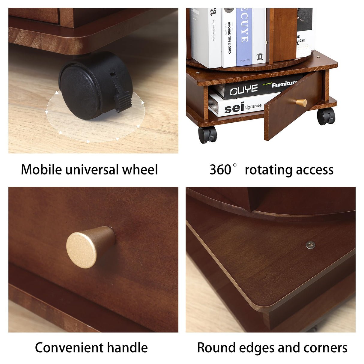 RNE Walnut 6-Tier 360 Rotating Solid Wood Bookshelf Tower with Drawers and Wheels RNE