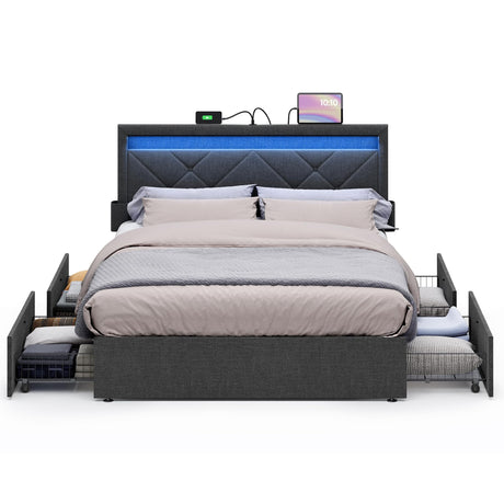 VASAGLE LED Bed Frame Full Size, 37.1/39.6 Inches, with Headboard and 4 Drawers, 1 USB Port and 1 Type C Port, Adjustable Upholstered Headboard, No Box Spring Needed, Dark Gray URMB822G71 VASAGLE