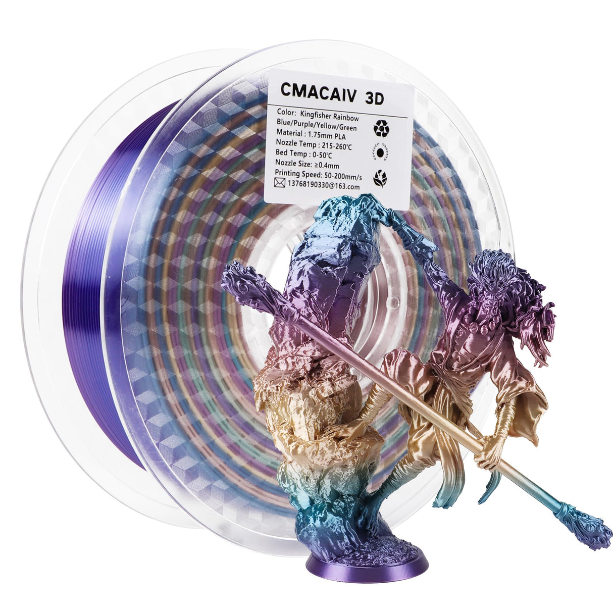 2024 Upgrade S-Series Silk PLA 3D Printer Filament, Shiny Multicolor Rainbow PLA Filament 1.75mm, Spiral Random Change PLA 3D Printing Filament for Most FDM, Kingfisher +/-0.02mm, 1kg/2.2lb CmaCaiv