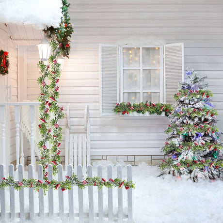5.9FT Artificial Christmas Garland String Lights with 162 Snowy Red Berries 55 Green Leaves 20 LED Lights Battery Operated for Xmas Mantle Indoor Outdoor Holiday Christmas Thanksgiving Decoration LAWOHO