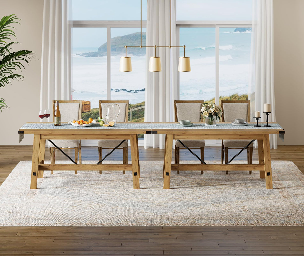 WAMPAT Set of 2 Farmhouse Dining Tables for 8-12 Persons with Heavy Duty Wooden Legs, 135.4 Inch Rectangular Modern Wood Kitchen Table for Dining Room & Living Room, Oak Brown WAMPAT