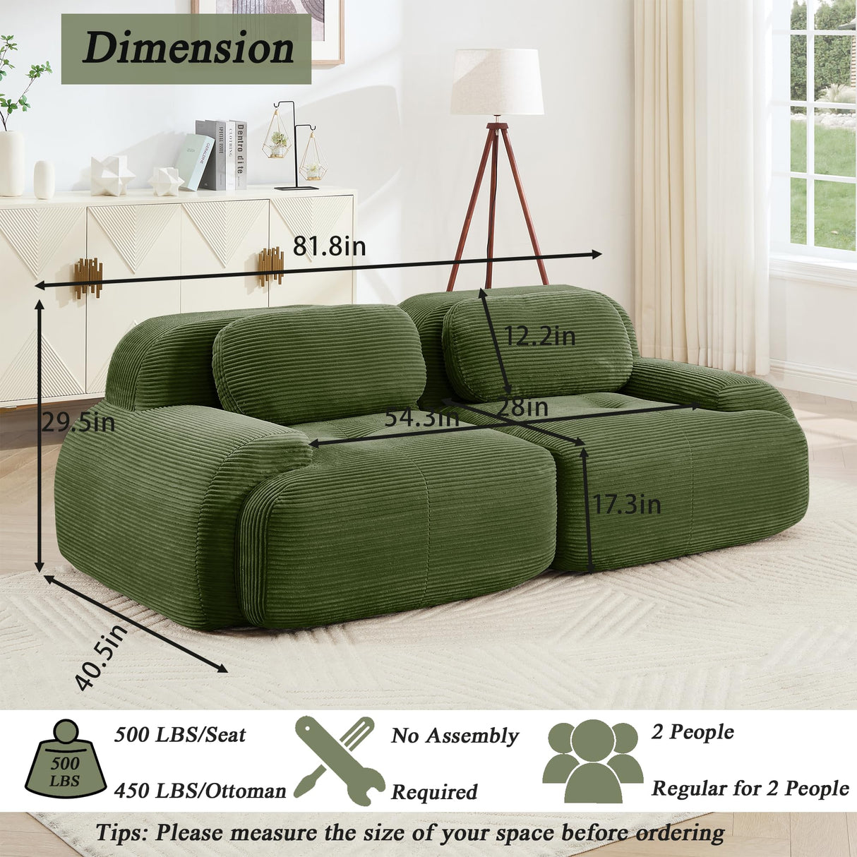 YESER Modular Sectional Sofa Boneless Couch Corduroy Cloud Couch, Modern Deep Seat Sectional Couches for Living Room, 82" Loveseat Apartment Sofa Small Couches for Small Spaces, No Assembly(Green) YESER