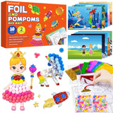 PARTYWIND Foil & Pom poms Art Fun Kit for Kids Ages 4-8 - Unicorns, Princesses, and Ocean DIY Arts & Crafts Supplies, Quiet Time Travel Toys, Birthday Gifts for Girls & Boys Ages 4 5 6 7 8 9 10 11 12 PARTYWIND